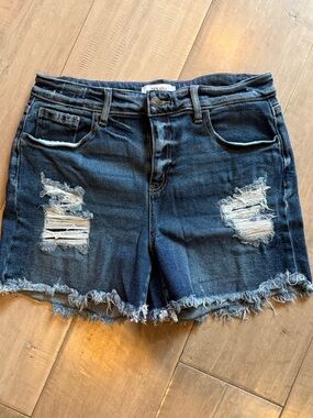 Zenana Outfitters Dark Blue Distressed Denim Shorts